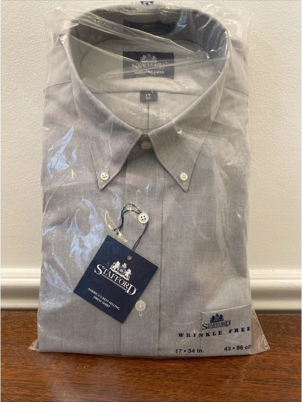 New Grey Stafford Men's Size 17 34Long Sleeve Dress Work Shirt Wrinkle Free